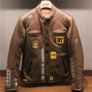 Brown Leather Jacket with Patches new with tags